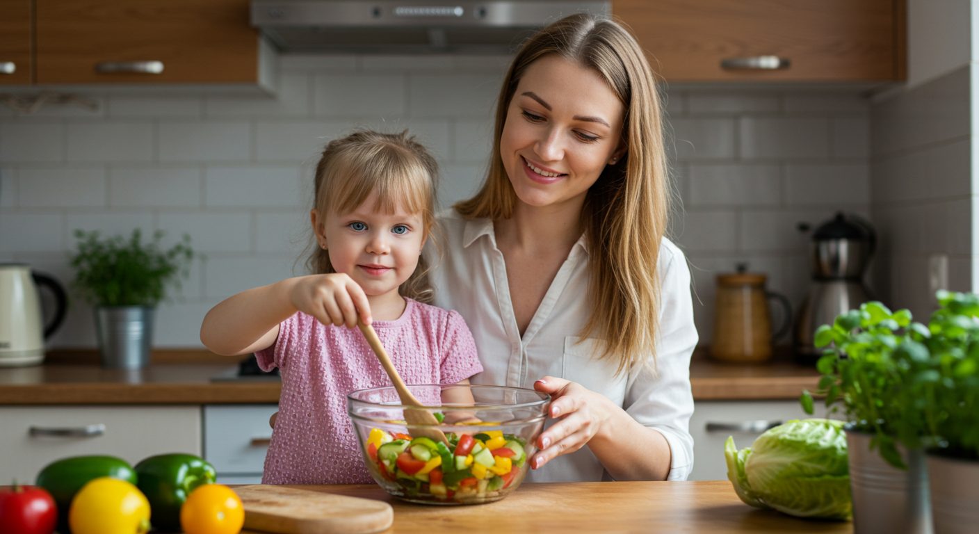 Мама помогает дочке приготовить детский овощной салат в яркой кухне