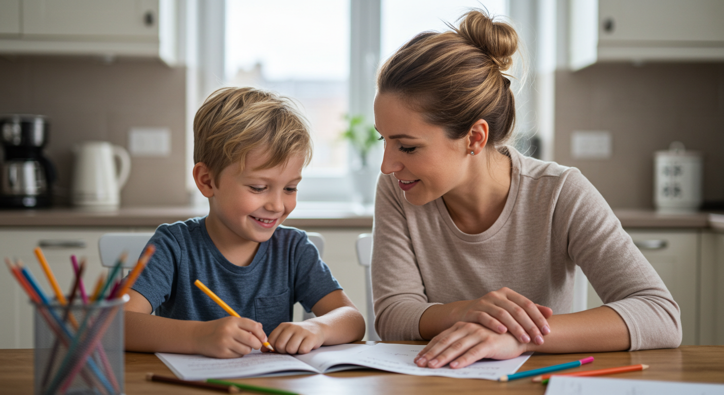 Мама помогает сыну с домашним заданием, внимание и забота
