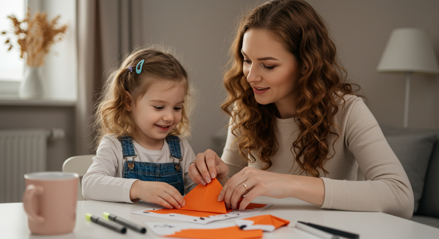 Мама помогает трехлетней дочери сложить лису из бумаги по шаблону на столе