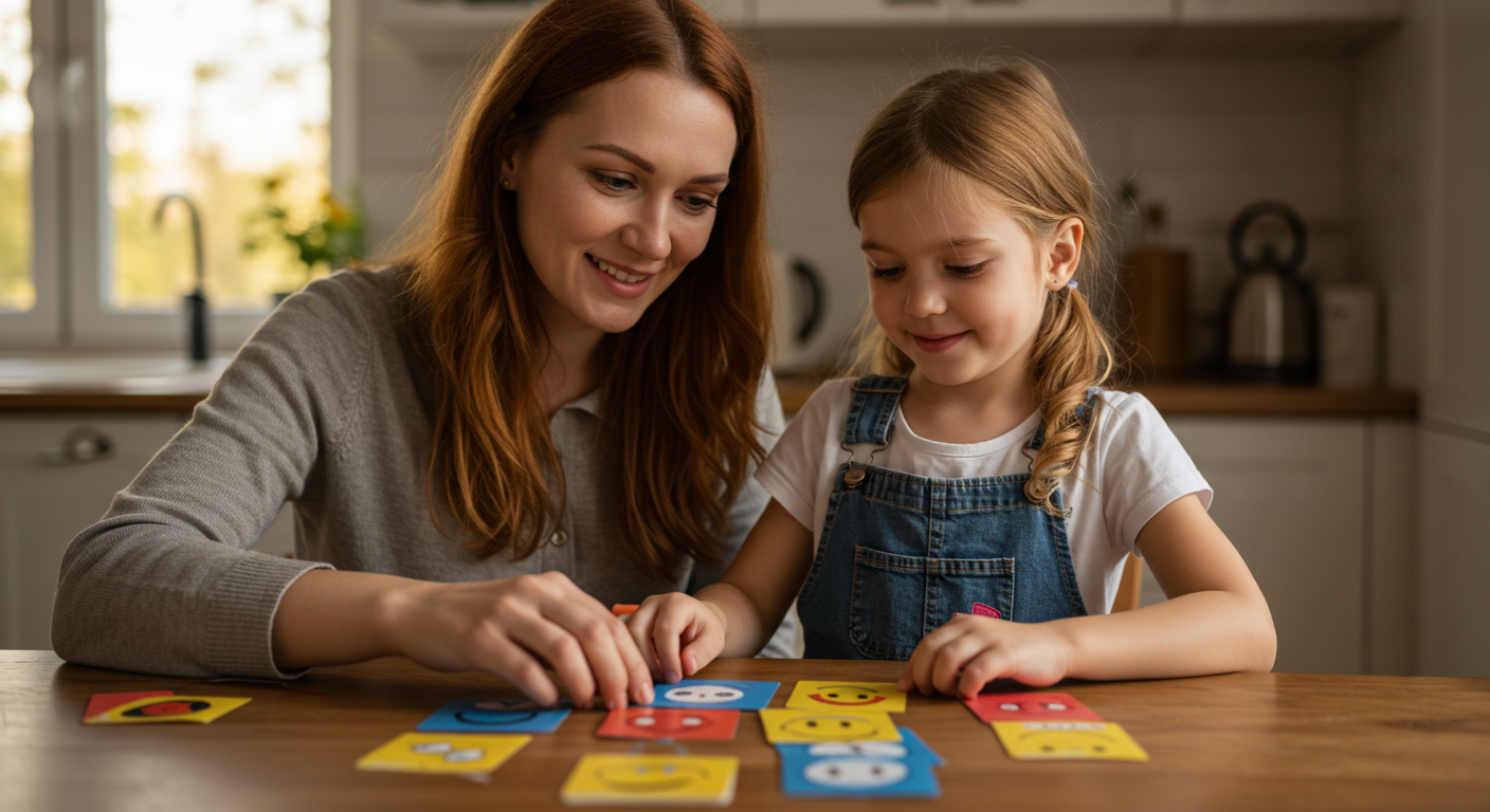 Мама помогает дочери с карточками эмоций, укрепляя привязанность в уютной кухне