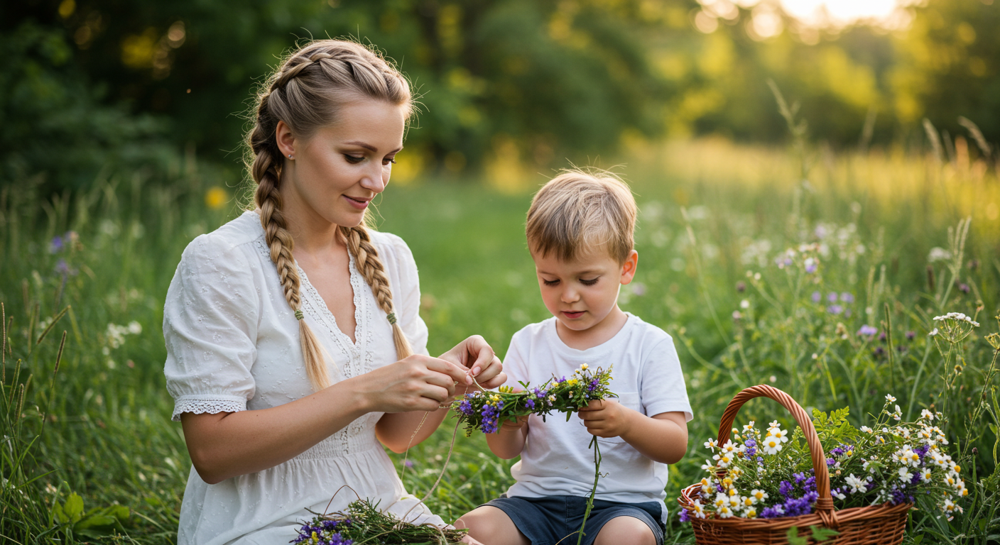 Мама помогает сыну делать венок из цветов на скамейке в саду