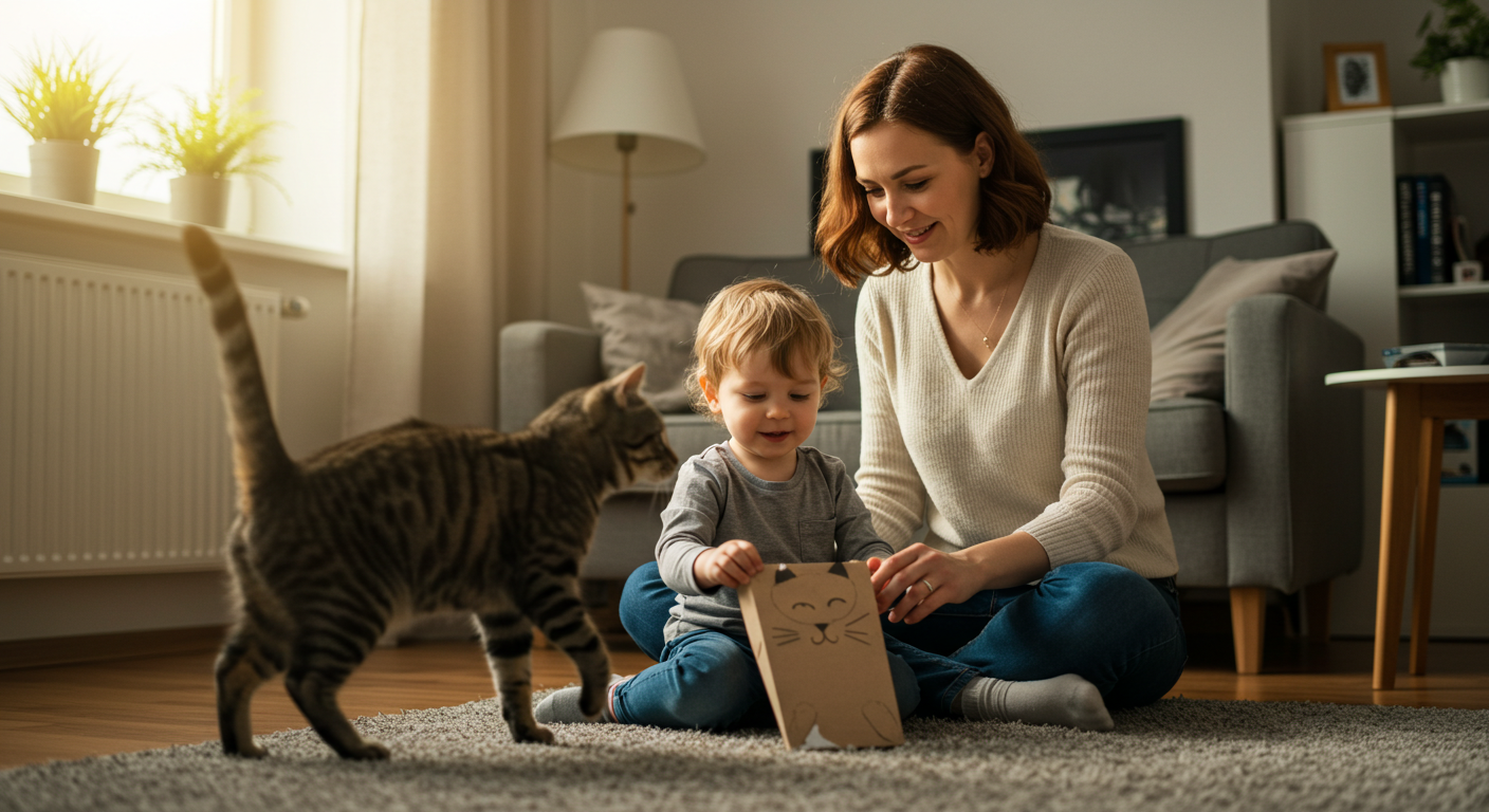 Мама помогает сыну играть с игрушкой-котом на нитке в уютной комнате