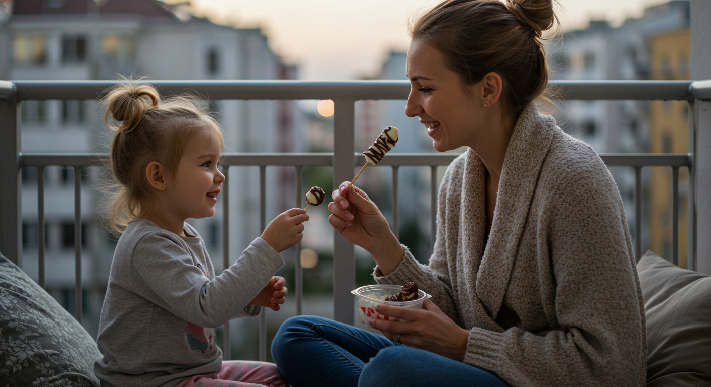 Мама предлагает дочери сырок на палочке на балконе с городским видом