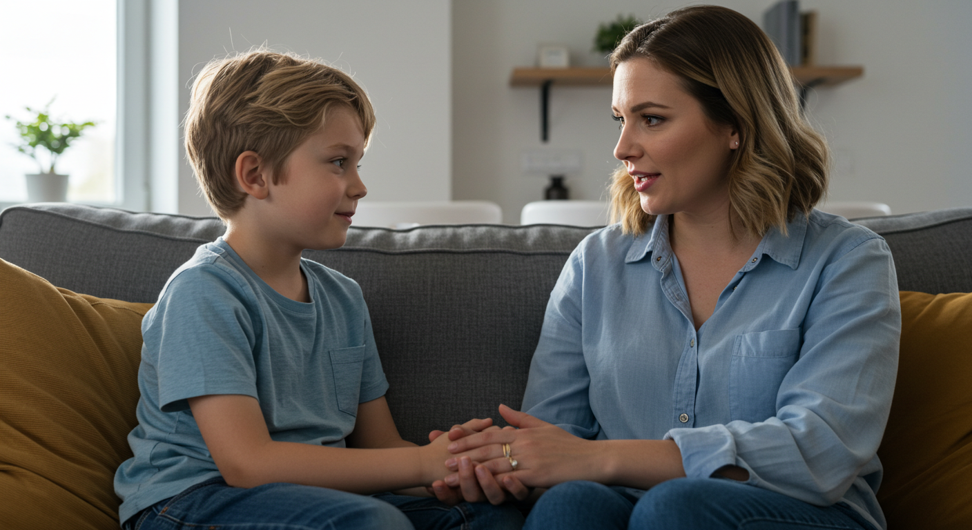 Мама разговаривает с сыном на диване в современной гостиной, ребенок слушает