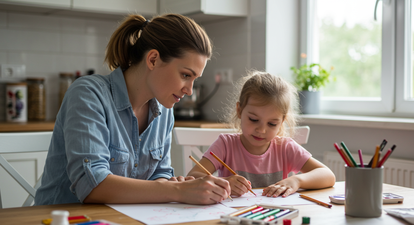 Мама рисует с дочерью за столом, создавая атмосферу уважения личных границ