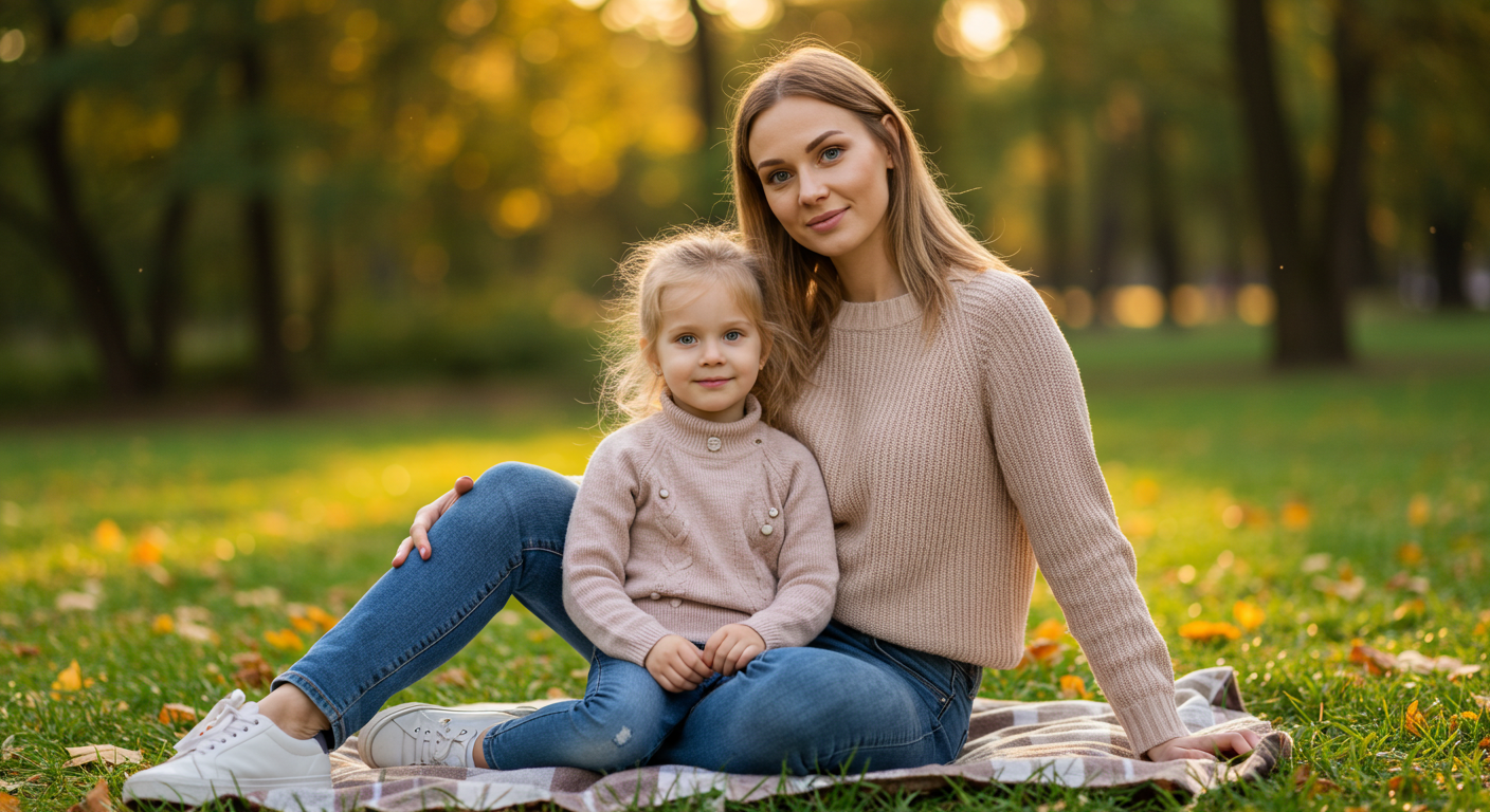 Мама с дочерью на пикнике, создают фруктовые фигуры на тарелках