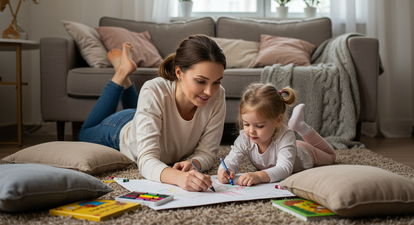Мама с дочерью рисуют, поддерживая друг друга в период тревожности после месячных
