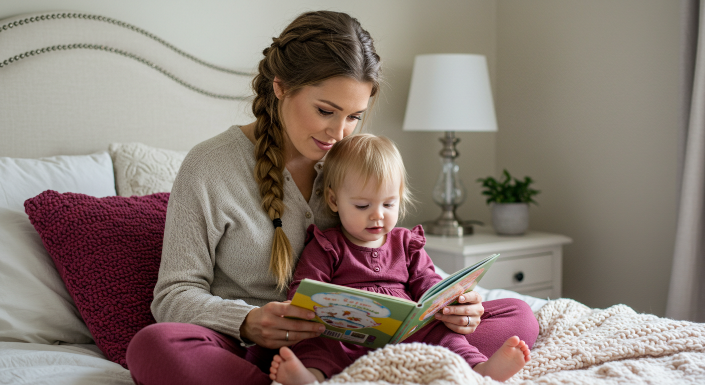 Мама с дочкой читают книгу на кровати, окруженные малиновыми текстилями