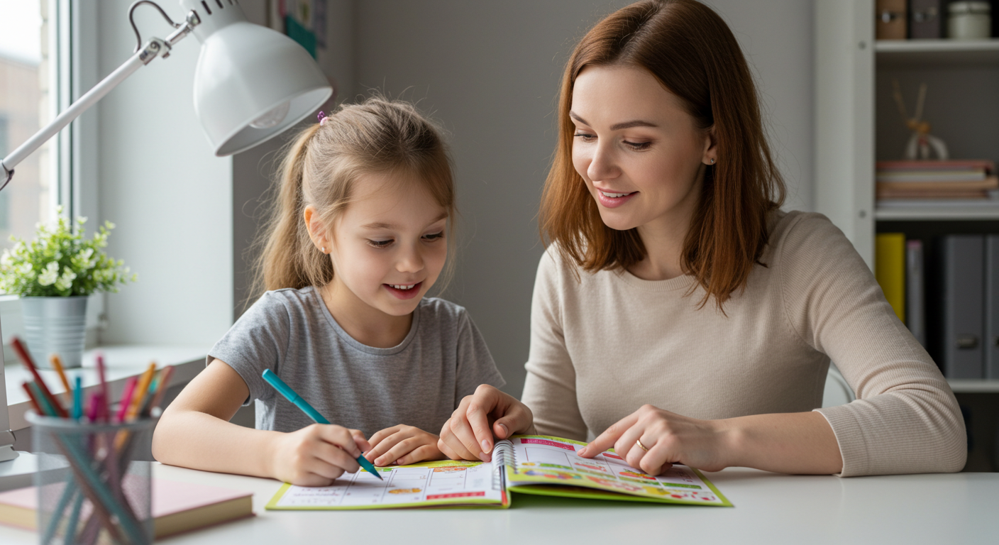 Мама с дочкой проверяют меню детского ланча у окна на белом столе