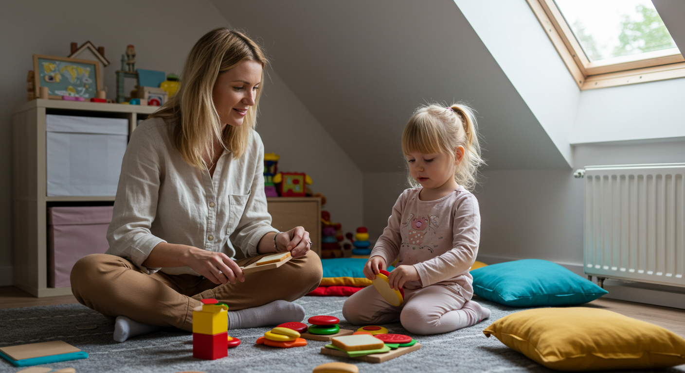 Мама с дочкой строят магазин бутербродов из игрушек и хлеба на ковре