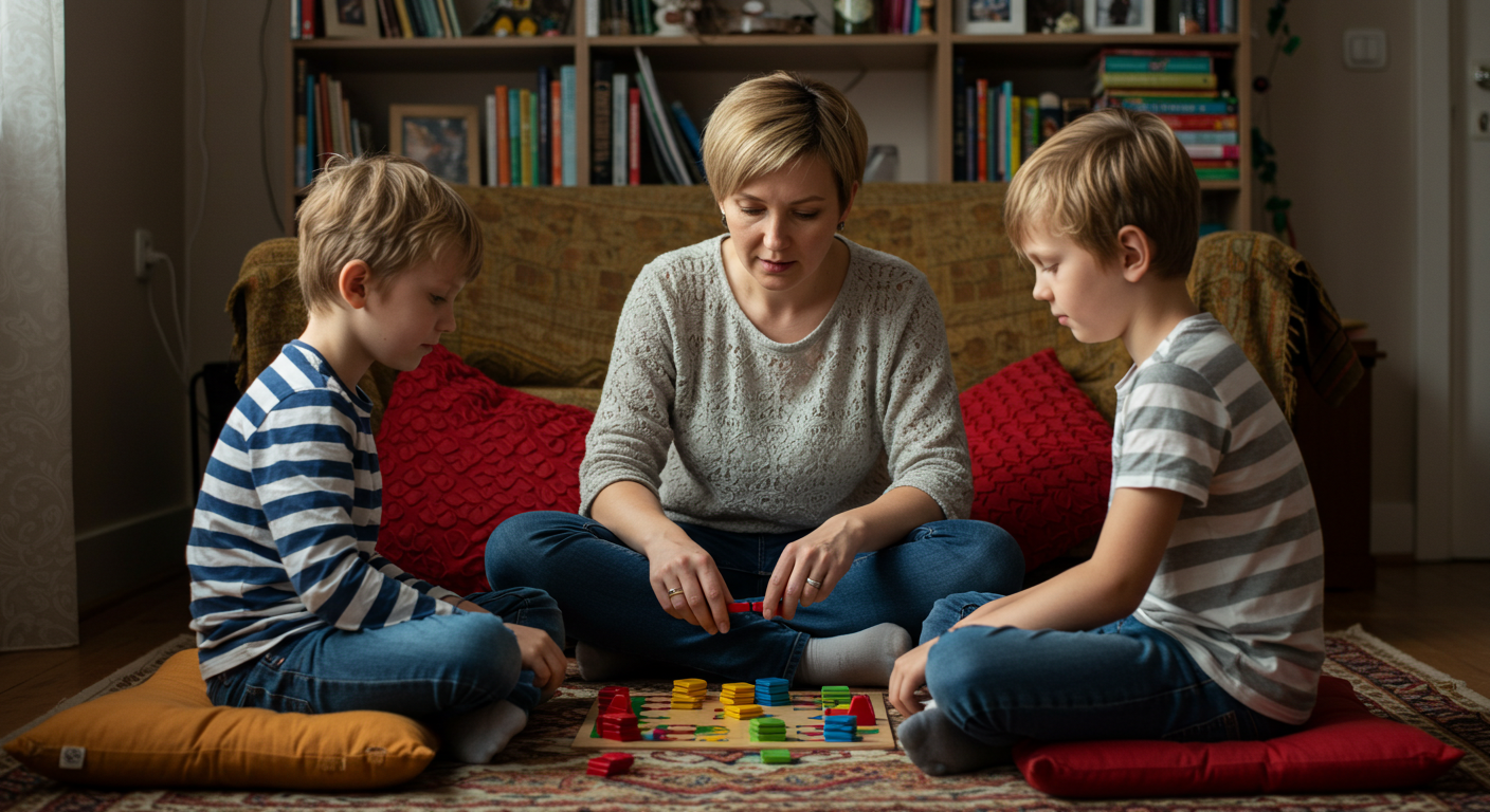 Мама с двумя детьми играет в настольную игру на коврике в комнате