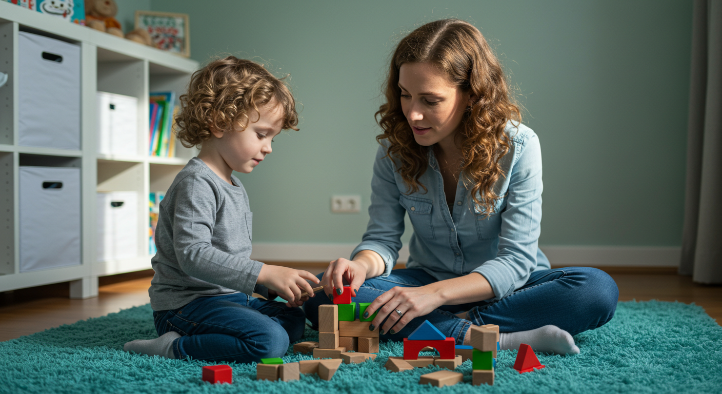 Мама с сыном играет на бирюзовом ковре рядом с книжным шкафом в уютной комнате