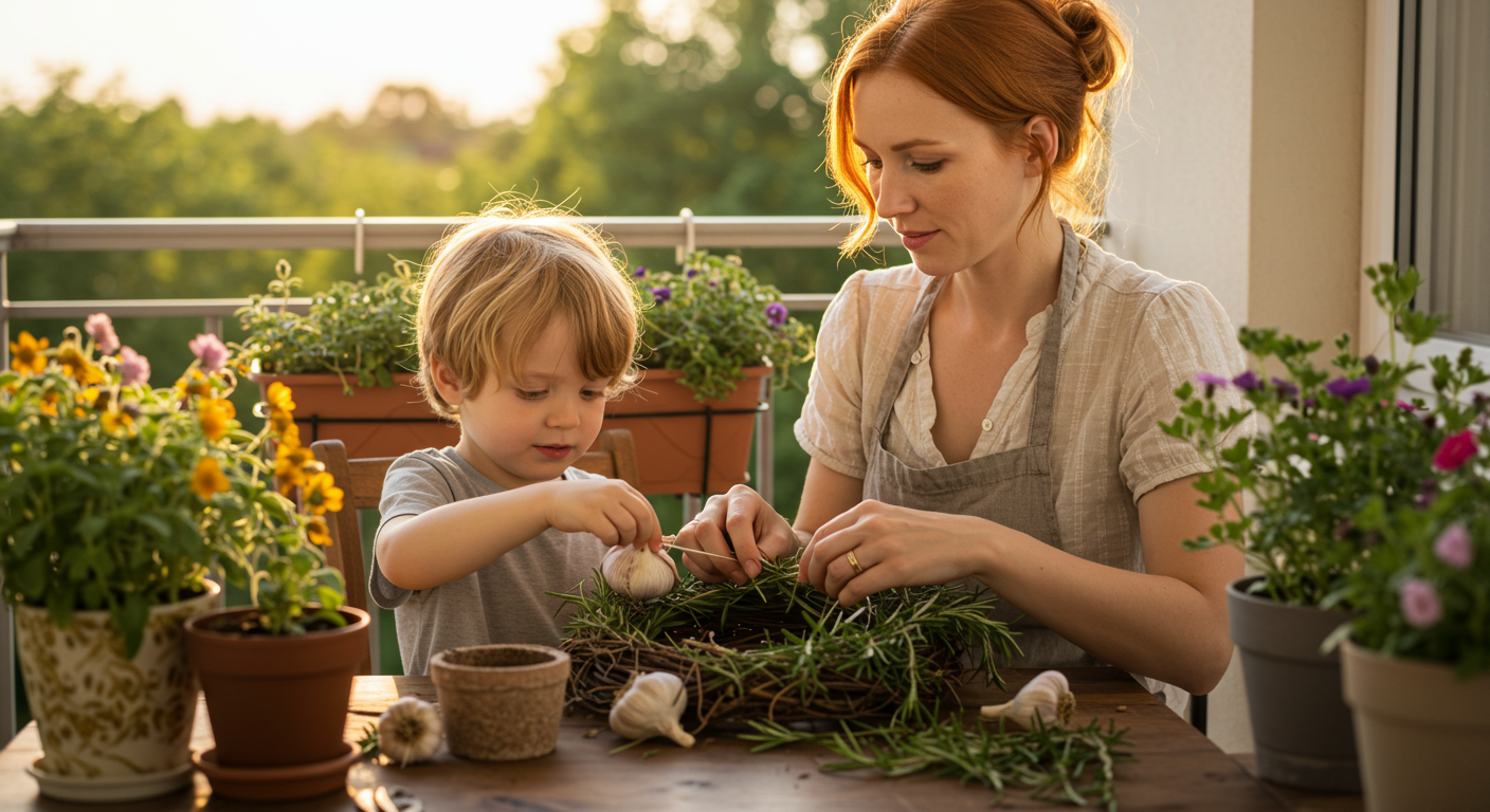 Мама с сыном плетут венок из чеснока и розмарина на балконе