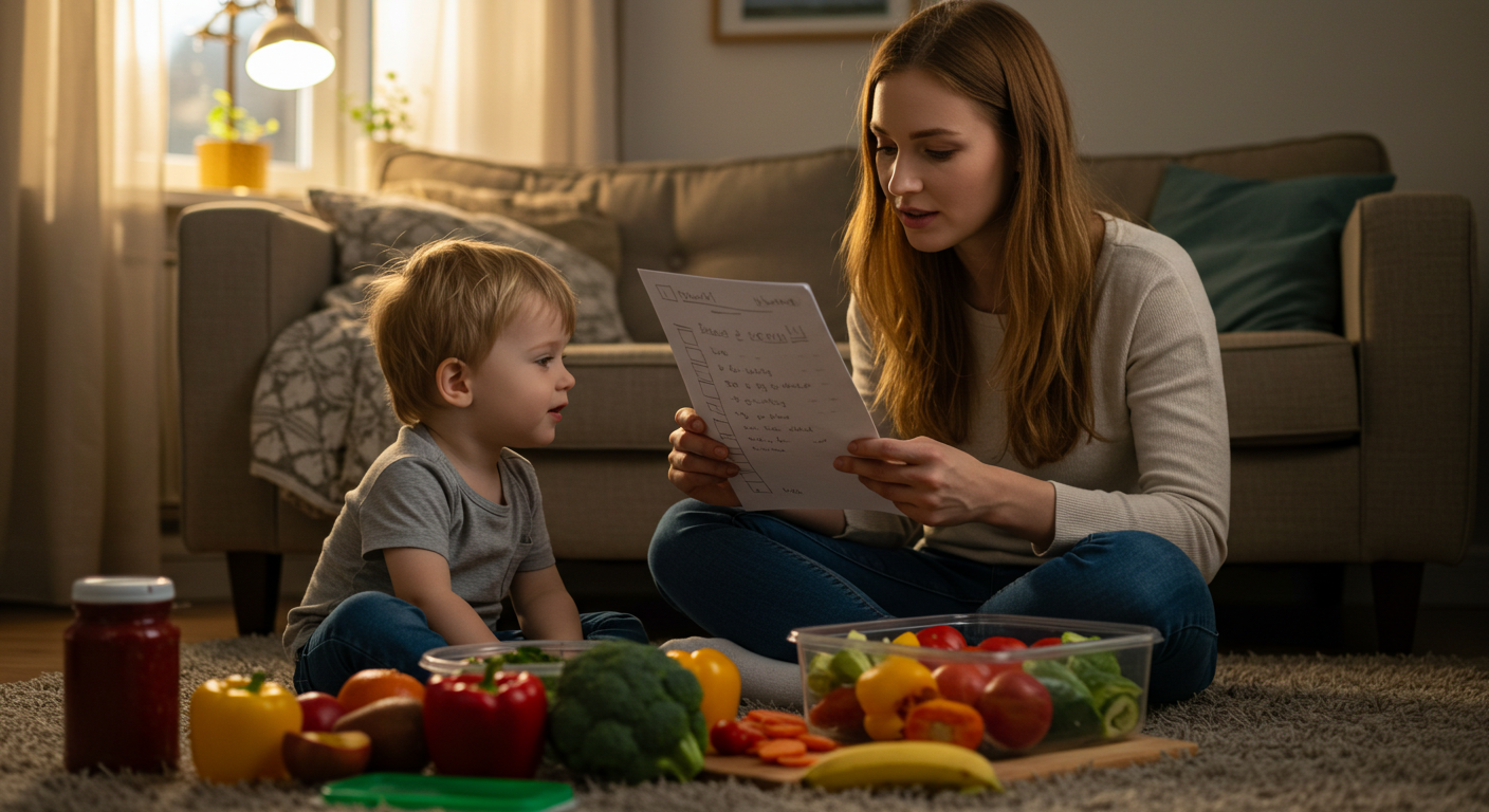 Мама с сыном проверяет список для приготовления витаминов и салатов