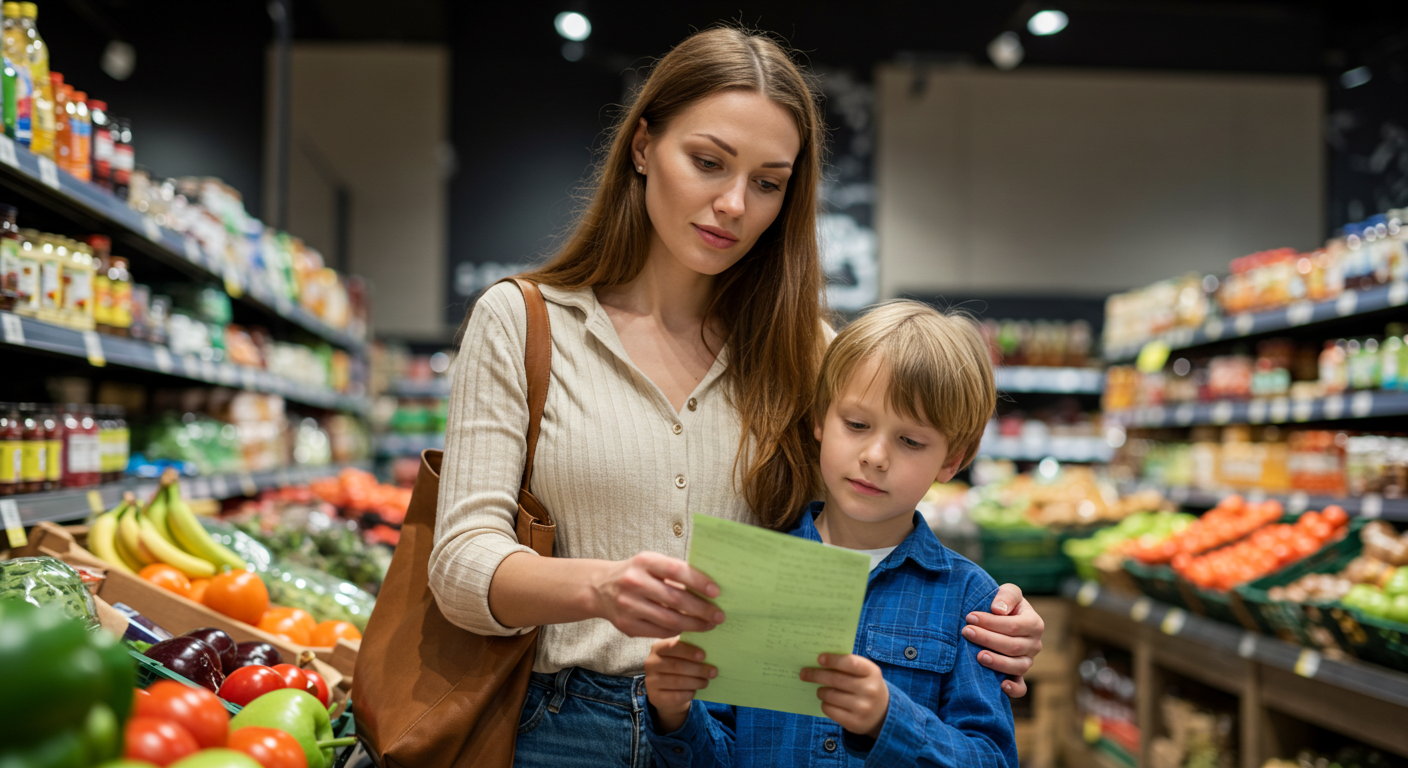 Мама с сыном проверяют список покупок в супермаркете, выбирая ингредиенты для салата