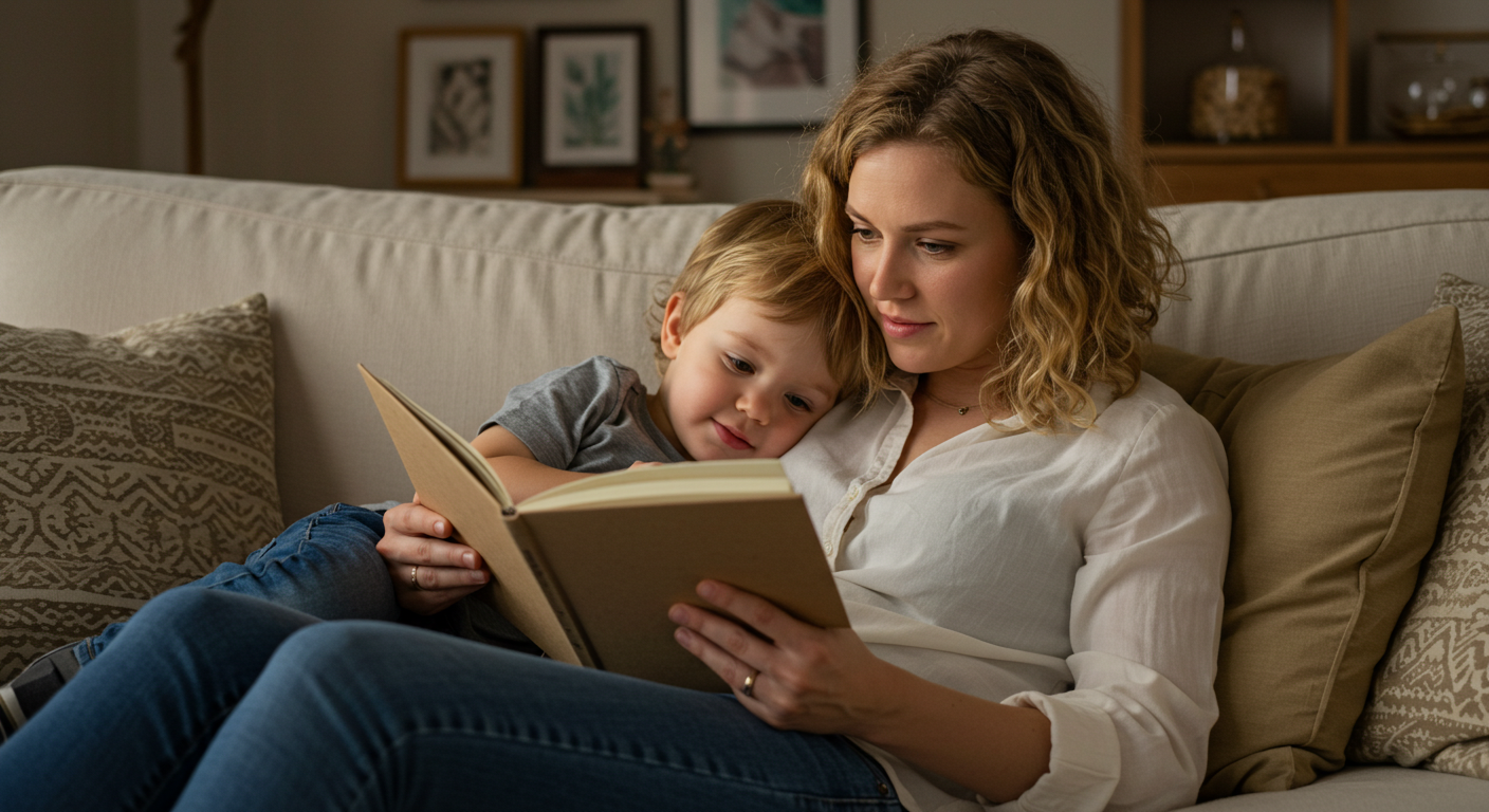 Мама с сыном рассматривают рисунки в уютной гостиной на диване