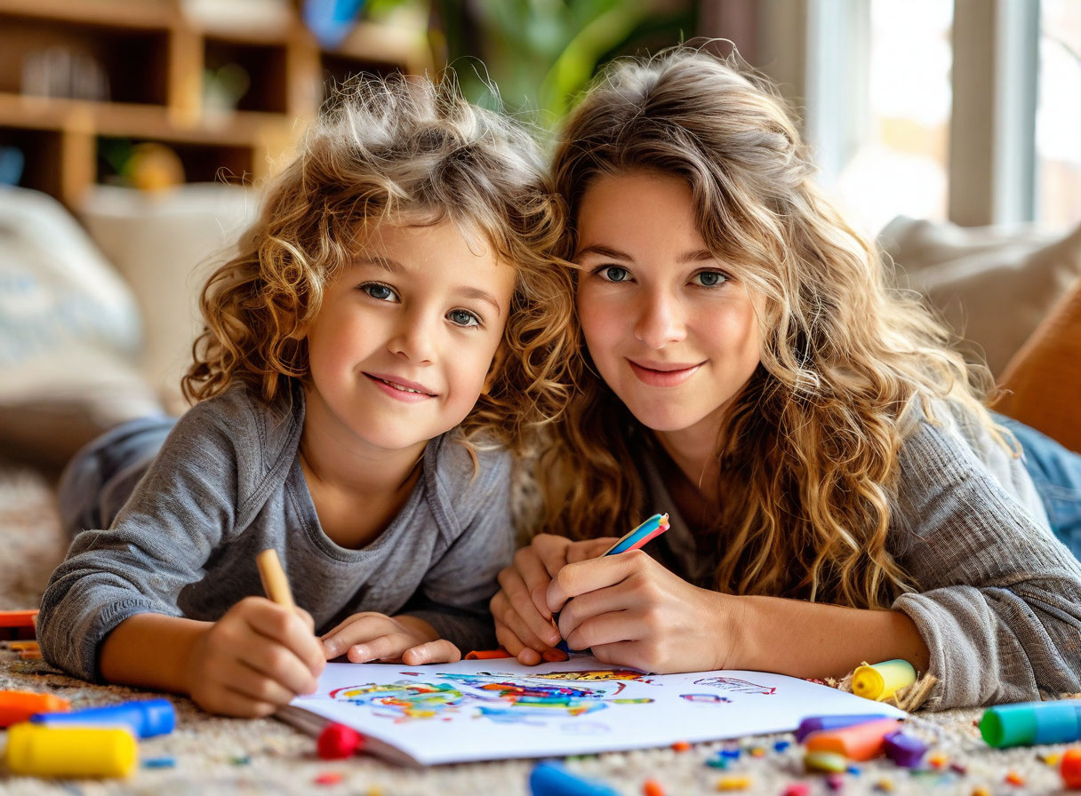 Мама с сыном рисует на ковре, испытывая внутреннее беспокойство и страхи