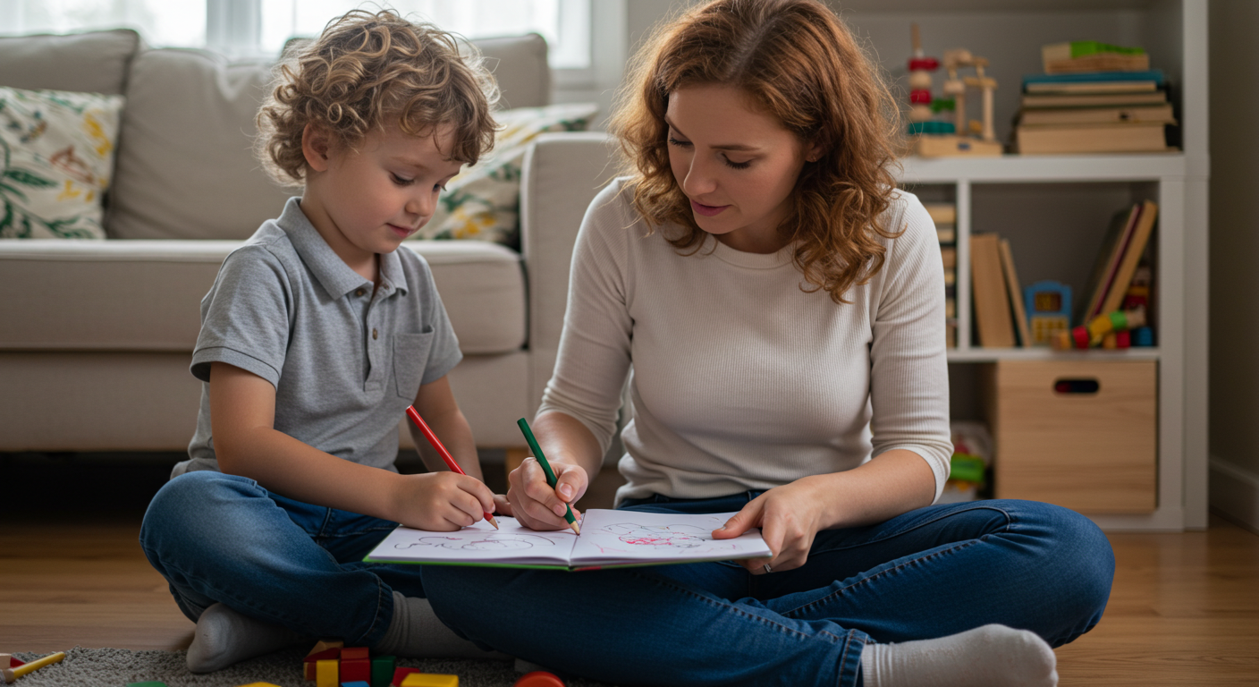 Мама с сыном рисуют вместе, мама переживает за его развитие