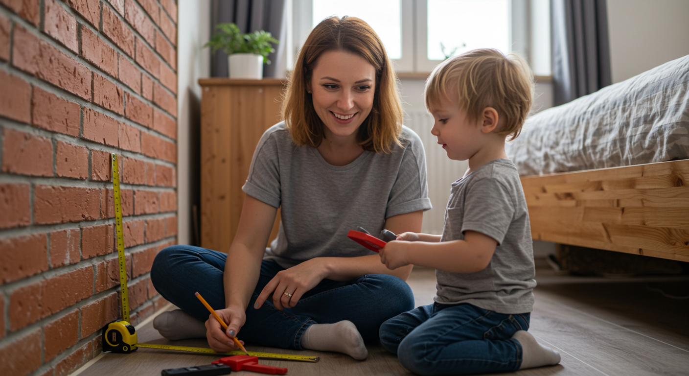 Мама с сыном рядом с незавершенной кирпичной стеной в спальне