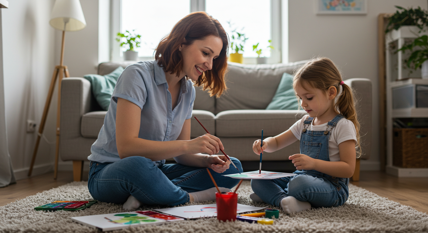 Мама сидит на ковре, рисует с дочкой в уютной гостиной