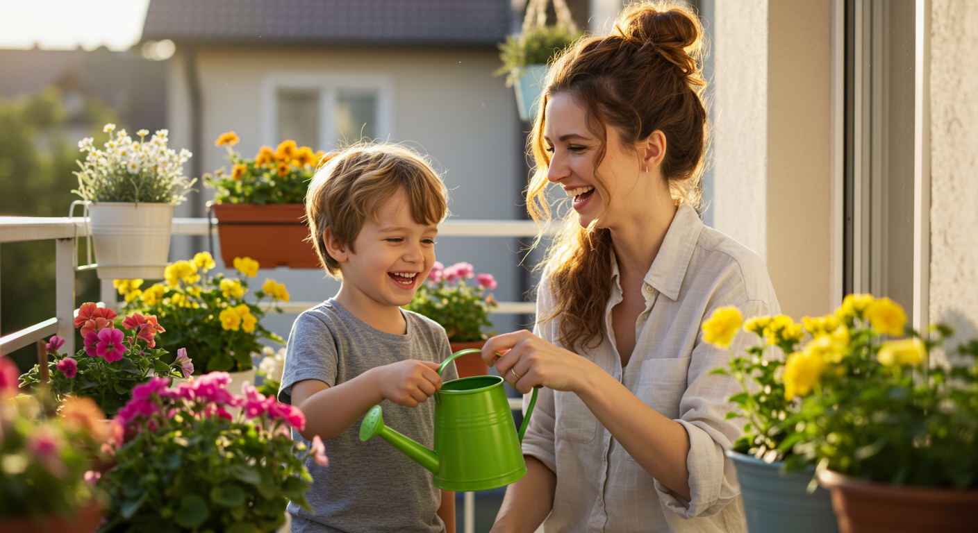 Мама смеется с пятилетним сыном, поливая цветы на балконе
