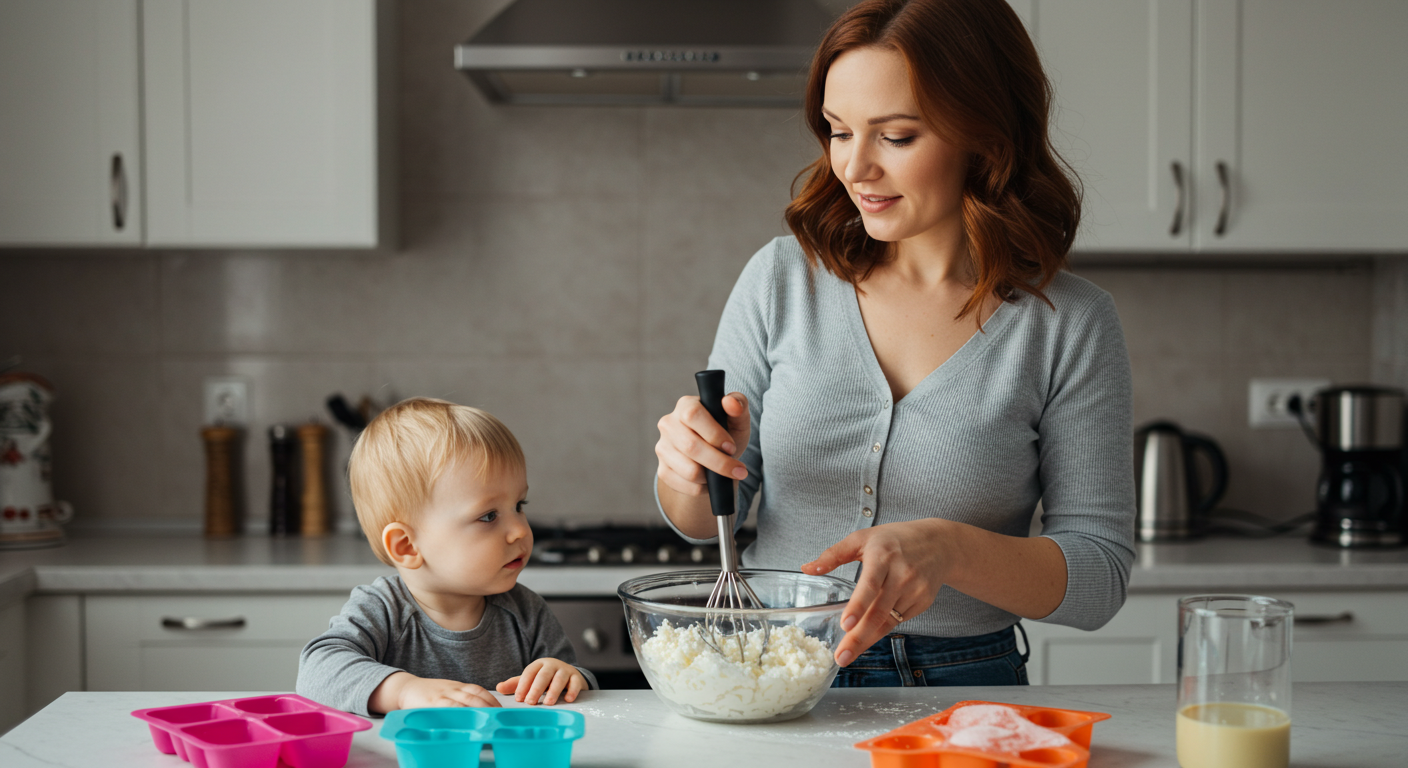 Мама смешивает творог на кухне, сын наблюдает с интересом