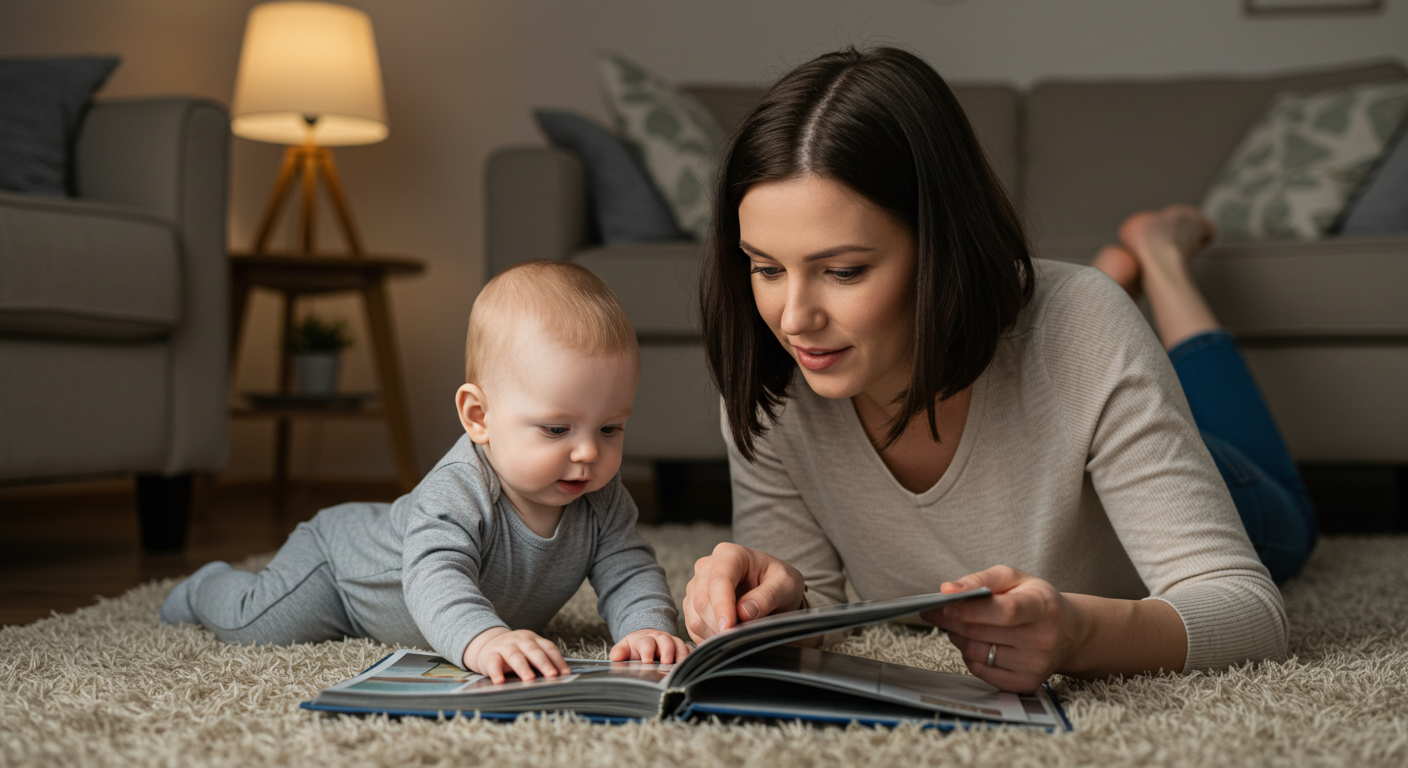 Мама смотрит фотоальбом с младенцем на мягком ковре дома