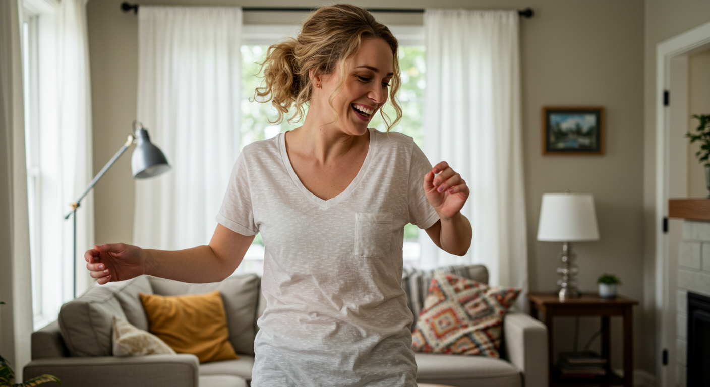 Мама танцует с сыном в яркой гостиной, радость и смех в воздухе