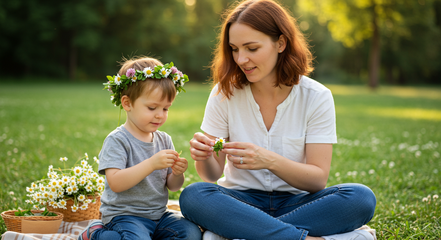 Мама учит сына делать венок из ромашек на пикнике в парке