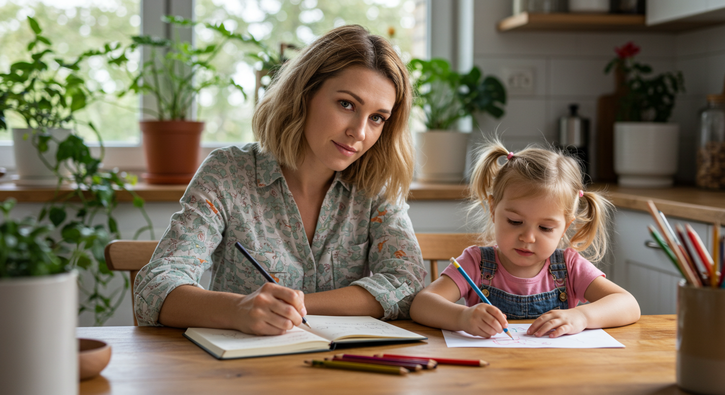 Мама ведет дневник на кухне, пока дочка рисует рядом