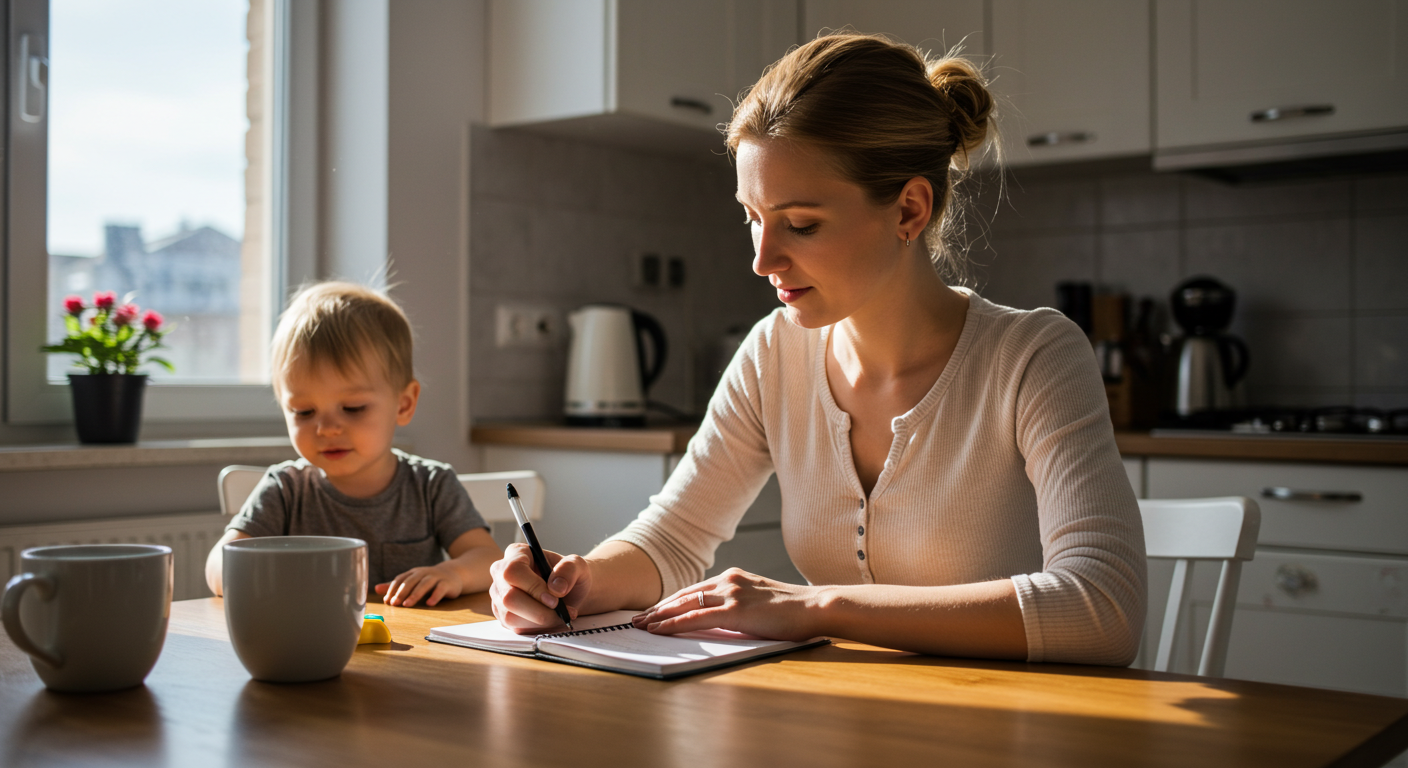 Мама записывает мысли, пока сын играет на кухне