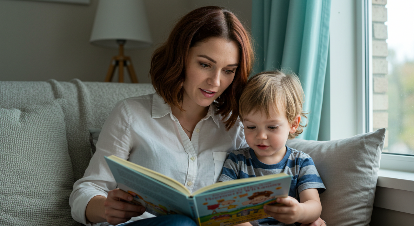 Мать читает книгу своему сыну рядом с окнами с бирюзовыми шторами