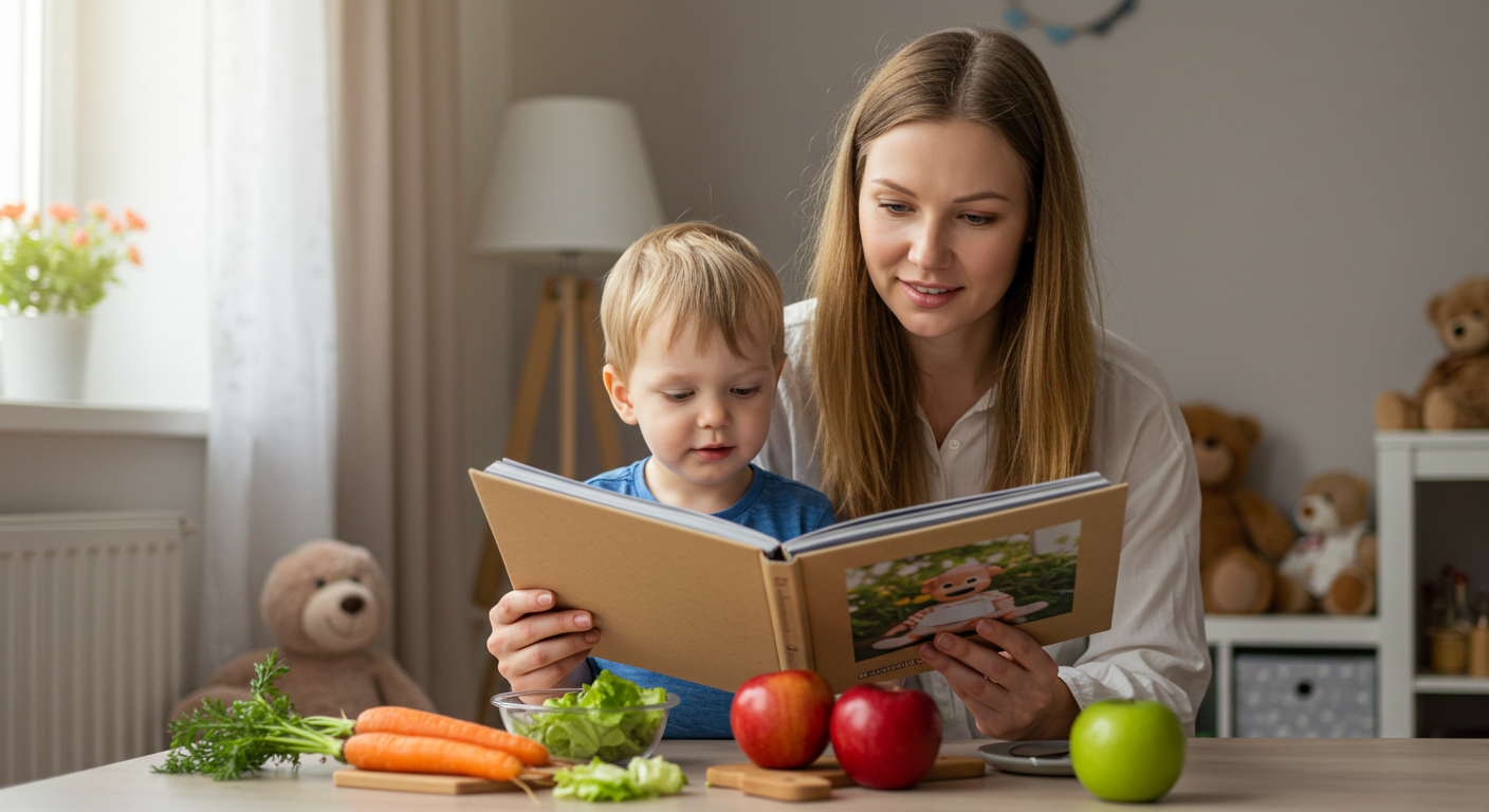 Мать читает рецепт детского салата с сыном в уютной игровой комнате
