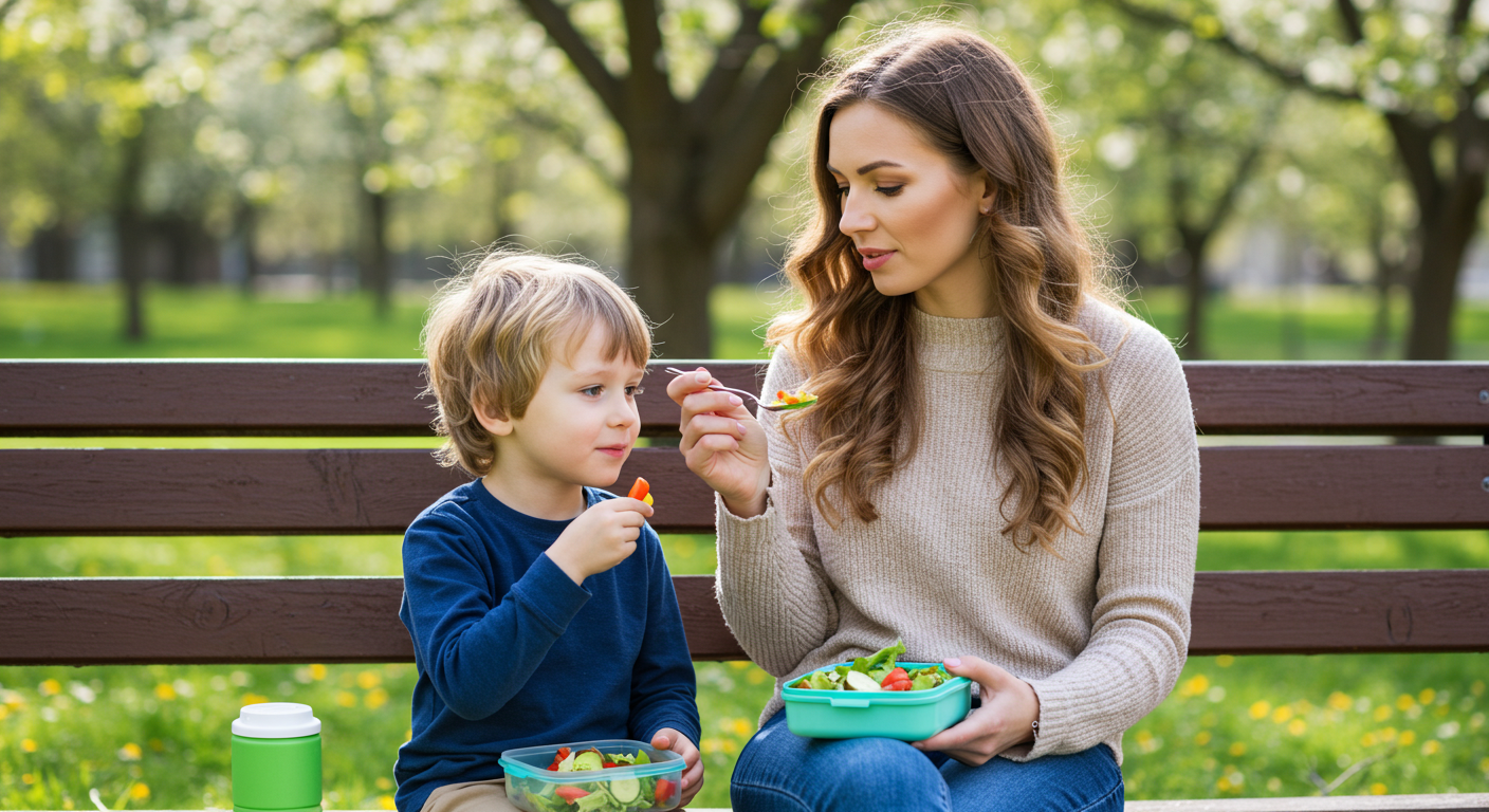 Мать делит овощной салат с сыном на скамейке в парке