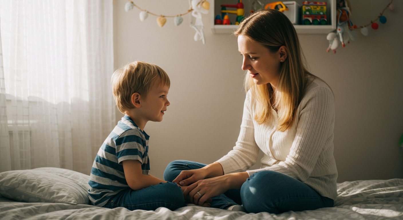 Мать держит руку сына переживая за его здоровье в спокойной обстановке