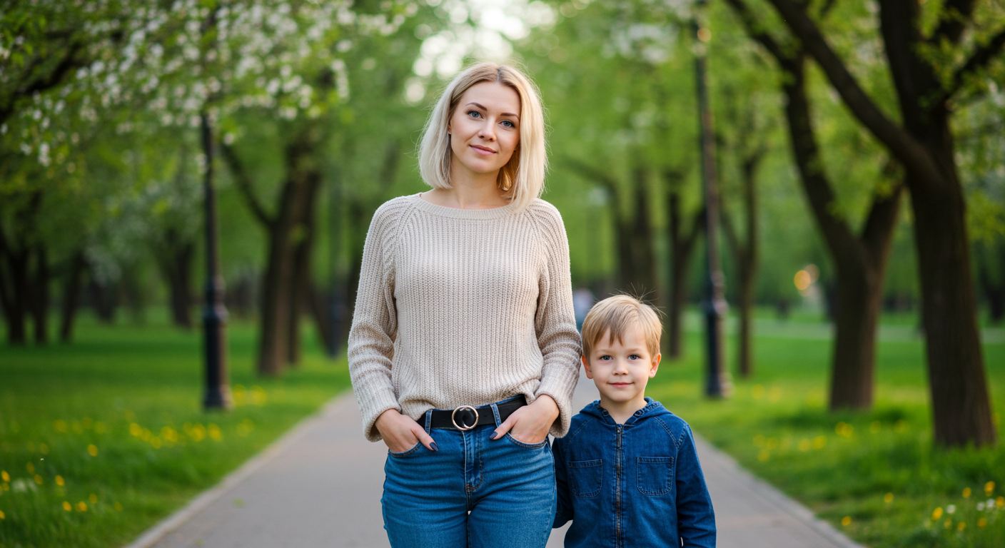 Мать гуляет с сыном в парке, волнуясь о его безопасности