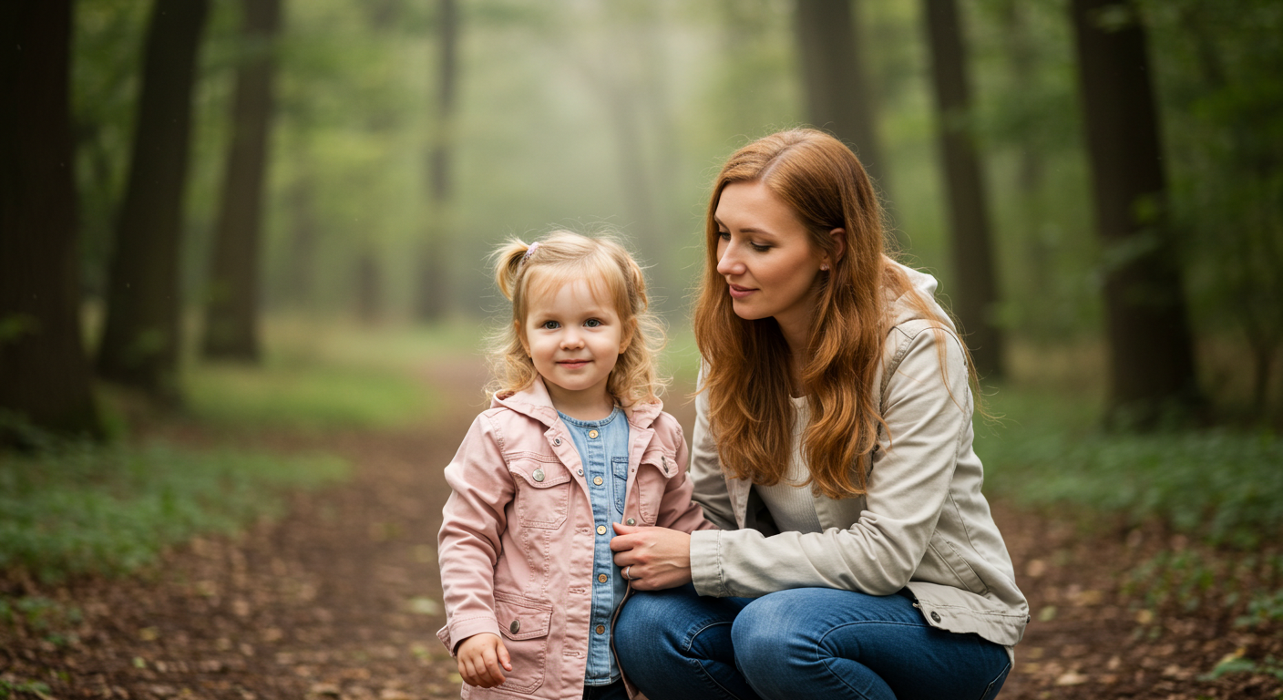 Мать и дочь гуляют по лесной тропе, держась за руки и наслаждаясь природой