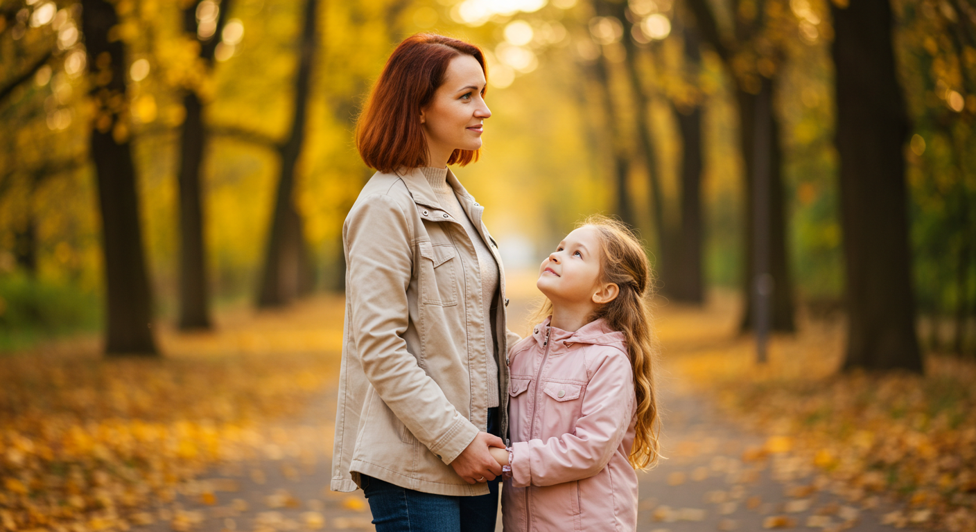 Мать и дочь идут по парку, держась за руки, улыбаются друг другу