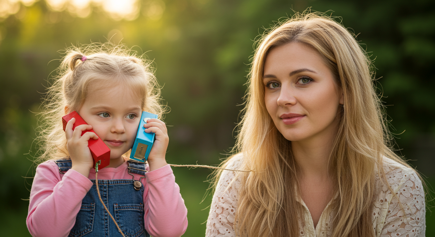 Мать и дочь тянут ниточный телефон на фоне цветущих деревьев в парке