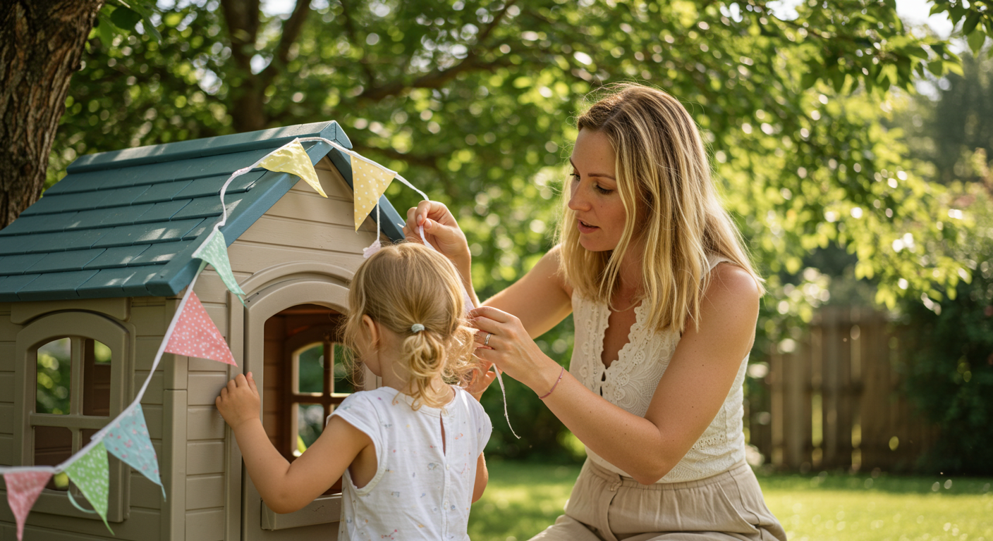 Мать и дочь украшают детский домик на улице тканью и флажками