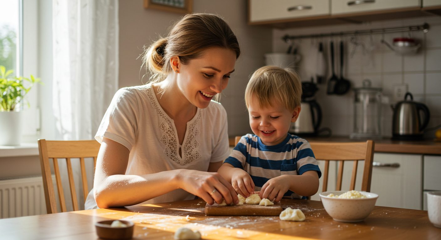 Мать и сын готовят домашние глазированные сырки на кухне при солнечном свете
