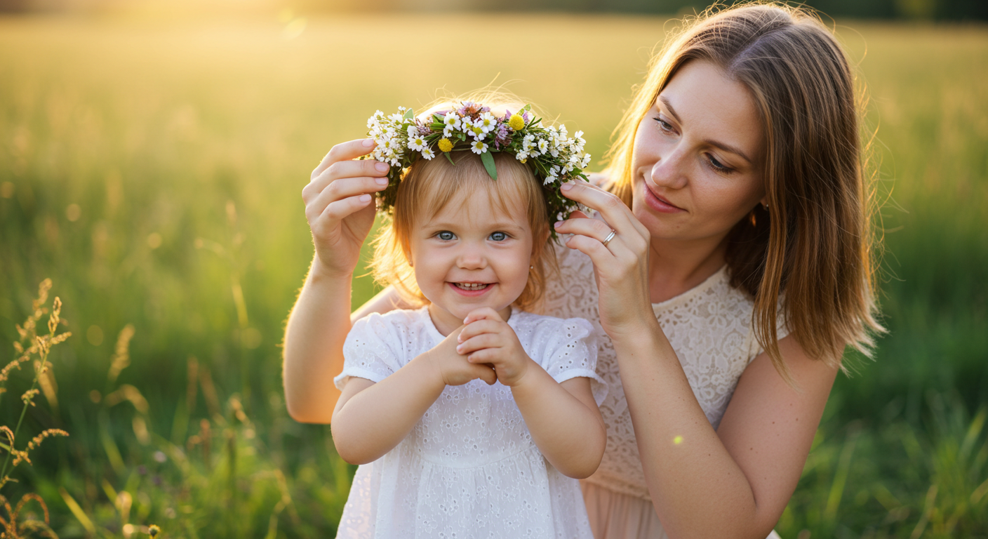 Мать надевает цветочный венок на голову дочери для фотосессии в лугу