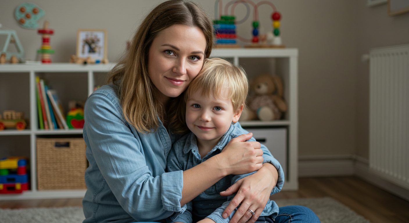 Мать обнимает 5-летнего сына, который испытывает тревогу, в детской комнате