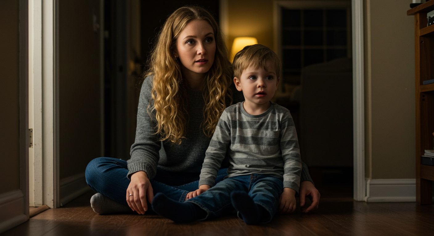 Мать поддерживает сына, который боится темноты в уютном доме