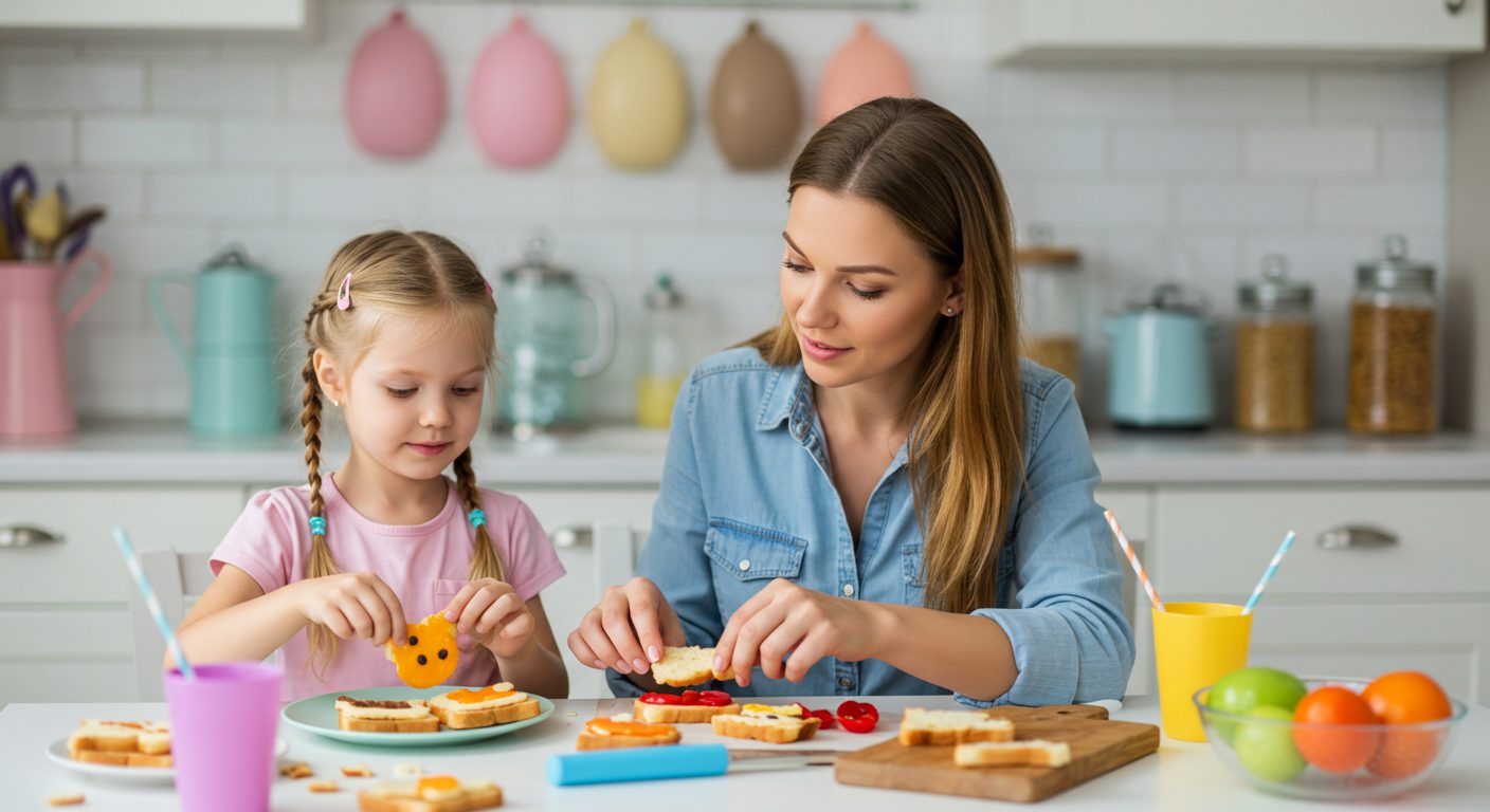 Мать помогает дочке готовить бутерброды в форме животных на детском празднике