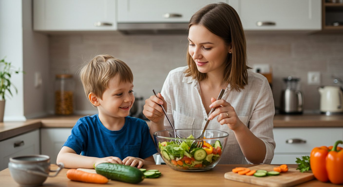 Мать помогает сыну приготовить овощной салат на детский праздник