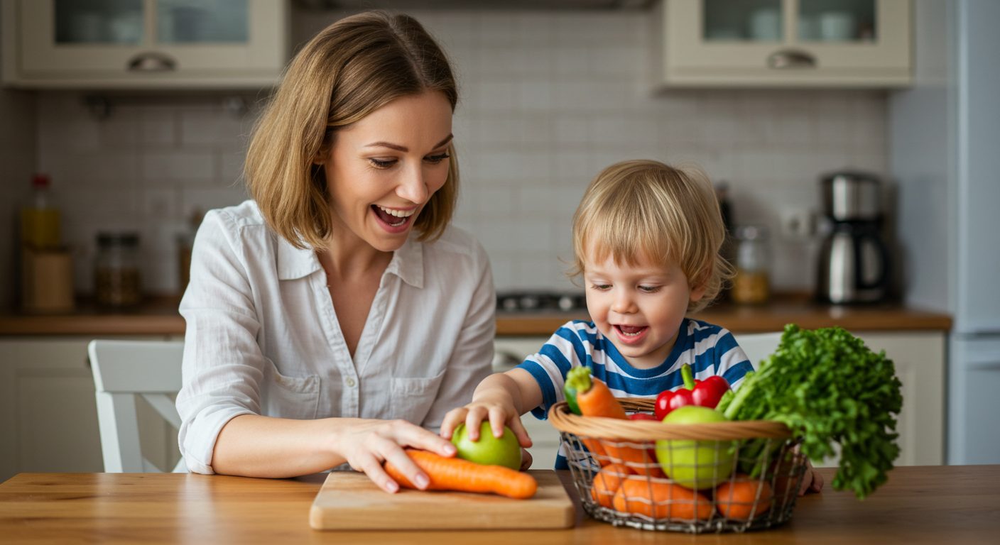 Мать помогает сыну выбрать овощи для салата в домашней кухне