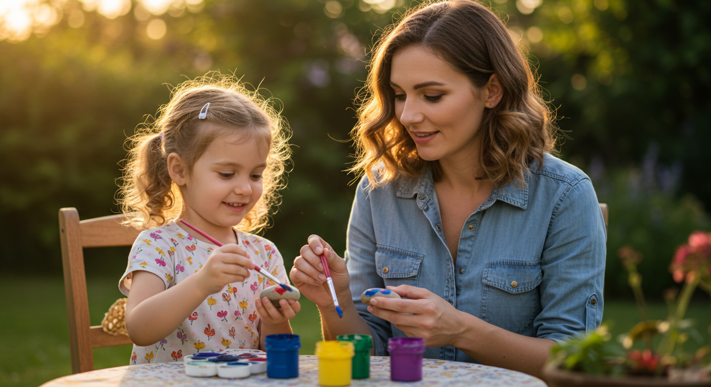 Мать с дочерью раскрашивают камни в уютном саду на даче