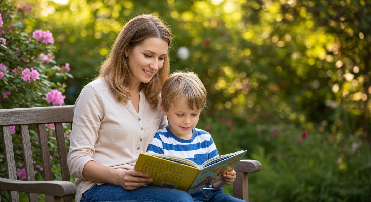Мать с сыном читает книгу на скамейке в саду, летнее утро