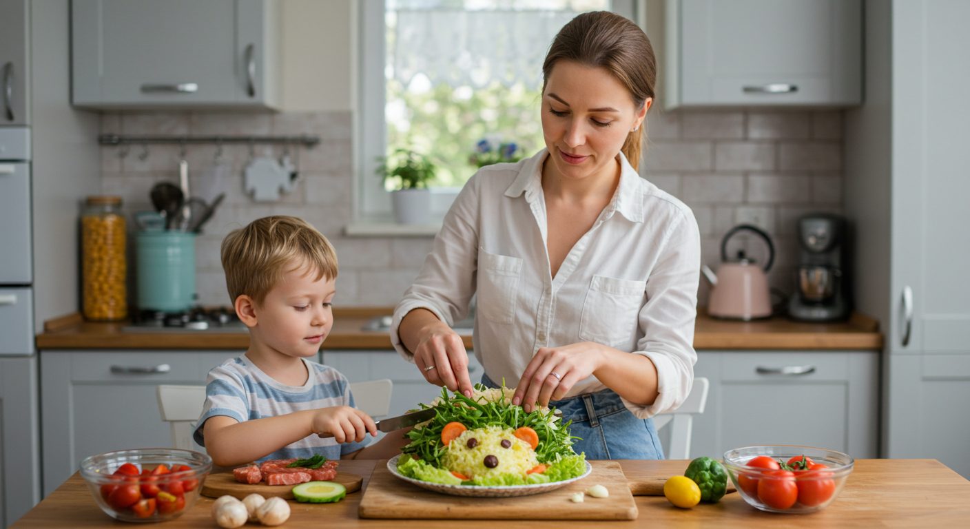 Мать с сыном готовит салат в виде ёжика для детского праздника